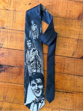 Black Graphic Satin Men's Tie - Classic Portrait Design - Elvis